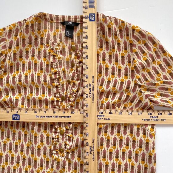 H&M Womens Dress Size 8 Short Shift Mustard Abstract 3/4 Sleeve Ruffle Pockets - Picture 12 of 14